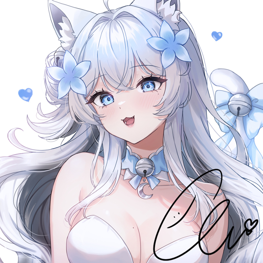 1girl :3 ahoge animal_ear_fluff animal_ears bare_shoulders bell blue_bow blue_choker blue_eyes blue_flower blush bow breasts cat_ears cat_girl cat_tail choker cleavage commentary commission crescent_choker crossed_bangs ella_7737 fangs flower hair_between_eyes hair_flower hair_ornament heart highres large_breasts long_hair looking_at_viewer mole mole_on_breast mole_under_eye neck_bell open_mouth original signature simple_background smile solo tail tail_bell tail_bow tail_ornament upper_body white_background white_hair