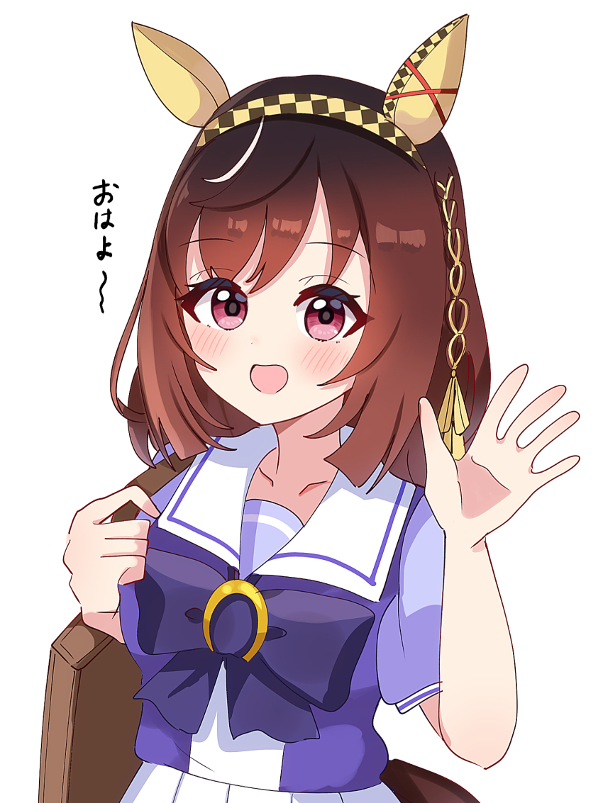 1girl animal_ears bag blush braid breasts brown_hair buena_vista_(umamusume) commentary_request hairband highres horse_girl looking_at_viewer purple_eyes ribbon school_uniform shiroiro_obake solo tracen_school_uniform translation_request umamusume waving white_background