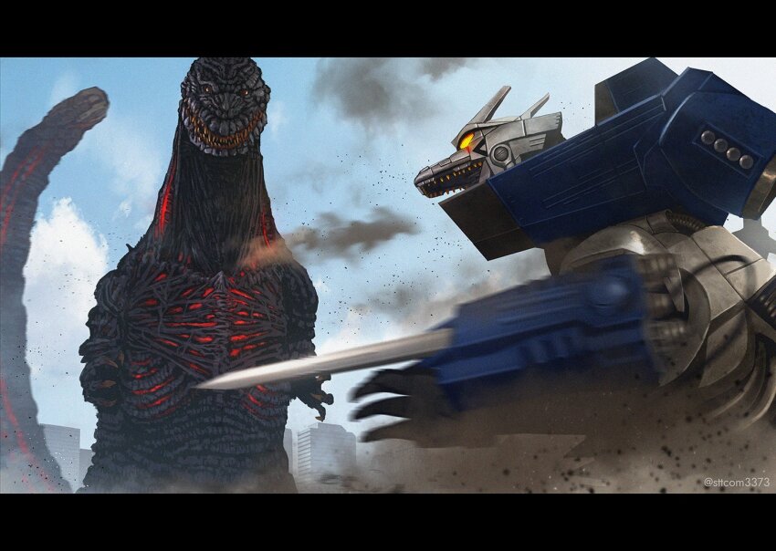ammunition_backpack arm_cannon back_unit blue_sky cannon claws compound_eyes cyborg day debris giant giant_monster giant_robot glowing glowing_eyes godzilla godzilla_(series) godzilla_against_mechagodzilla horns jetpack kaiju kiryu_(godzilla) knife long_tail magnetic_weapon maser_blade mecha mechagodzilla missile_launcher missile_pod monster motion_blur multiple_heads no_humans no_pupils open_mouth railgun realistic robot rocket_launcher rocket_pod sharp_teeth shin_godzilla shoulder_cannon sky smoke spikes suttoko tail tail_head teeth toho type-0_railgun very_long_tail weapon wrist_blades wrist_cannon wrist_gun yellow_eyes