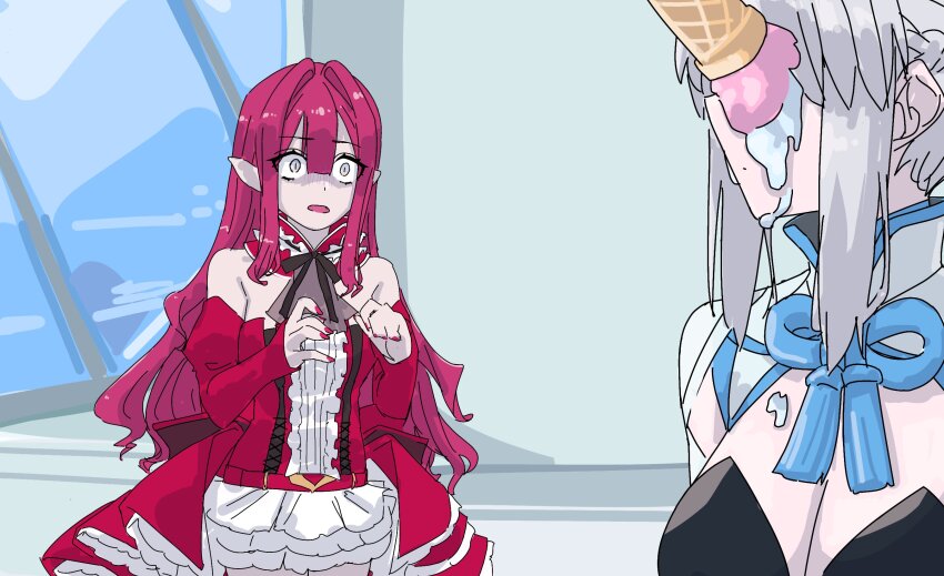 2girls baobhan_sith_(fate) baobhan_sith_(first_ascension)_(fate) bare_shoulders detached_sleeves dress fate/grand_order fate_(series) food food_on_face frilled_dress frills grey_eyes hands_up highres ice_cream ice_cream_on_face morgan_le_fay_(fate) morgan_le_fay_(first_ascension)_(fate) mother_and_daughter multiple_girls niwaikanai open_mouth pink_hair pointy_ears red_dress sidelocks turn_pale white_background wide-eyed