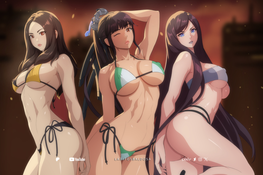 3girls armpits artist_name bikini black_bikini black_hair blue_eyes blurry blurry_background breasts brown_eyes commentary covered_erect_nipples english_commentary eve_(stellar_blade) green_bikini hair_ornament highres laditos_baldosa large_breasts long_hair looking_at_viewer medium_breasts multicolored_bikini multiple_girls navel one_eye_closed outdoors parted_bangs pinup_(style) ponytail raven_(stellar_blade) side-tie_bikini_bottom stellar_blade swimsuit tachy_(stellar_blade) two-tone_bikini very_long_hair white_bikini yellow_bikini