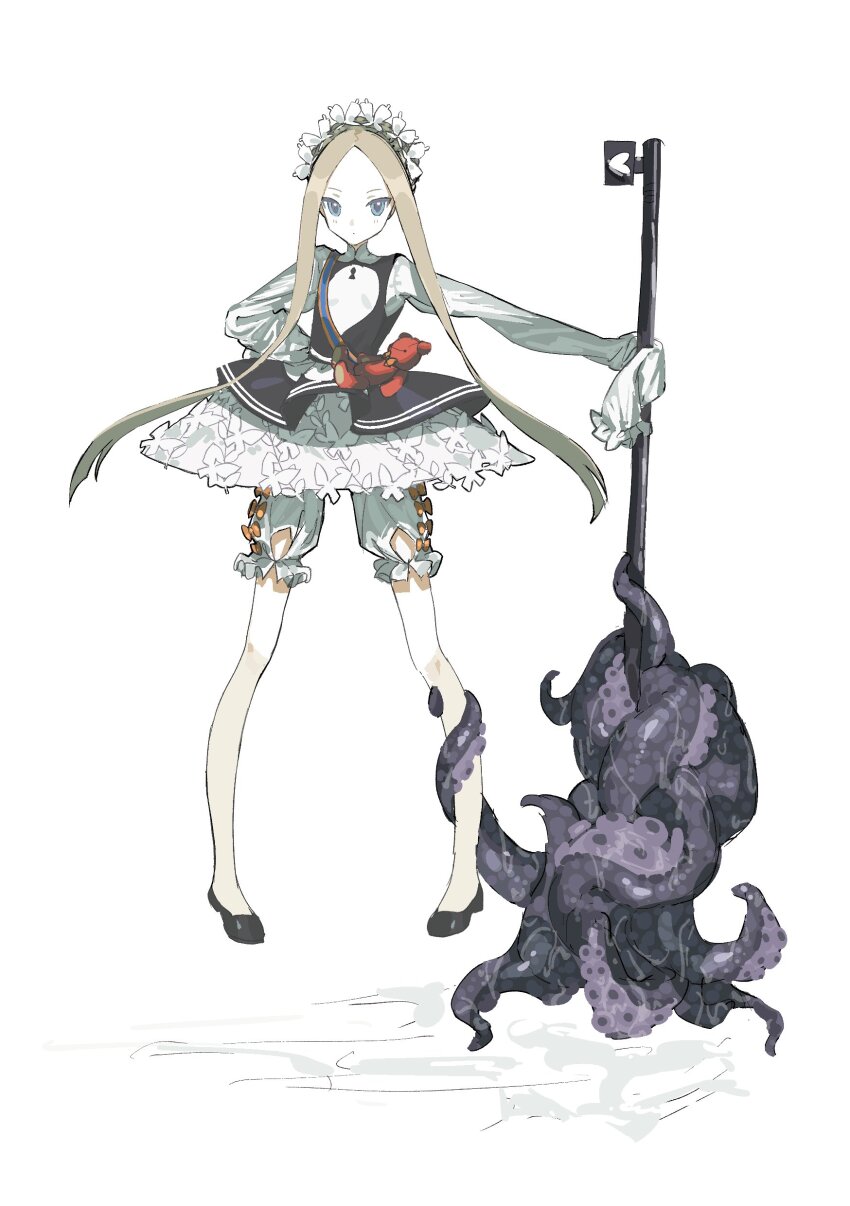 1girl abigail_williams_(fate) abigail_williams_(festival_outfit)_(fate) absurdres blonde_hair bloomers blue_eyes blue_sash braid collar crown_braid dress fate/grand_order fate_(series) fgolz7l forehead frilled_bloomers full_body hand_on_own_hip highres holding holding_key holding_polearm holding_weapon key keyhole lifting_person long_sidelocks outstretched_arm oversized_object parted_bangs polearm sash short_hair_with_long_locks shoulder_sash sidelocks sleeves_past_fingers sleeves_past_wrists solo stuffed_animal stuffed_toy teddy_bear tentacles two-tone_dress underwear very_long_sidelocks weapon white_bloomers white_collar