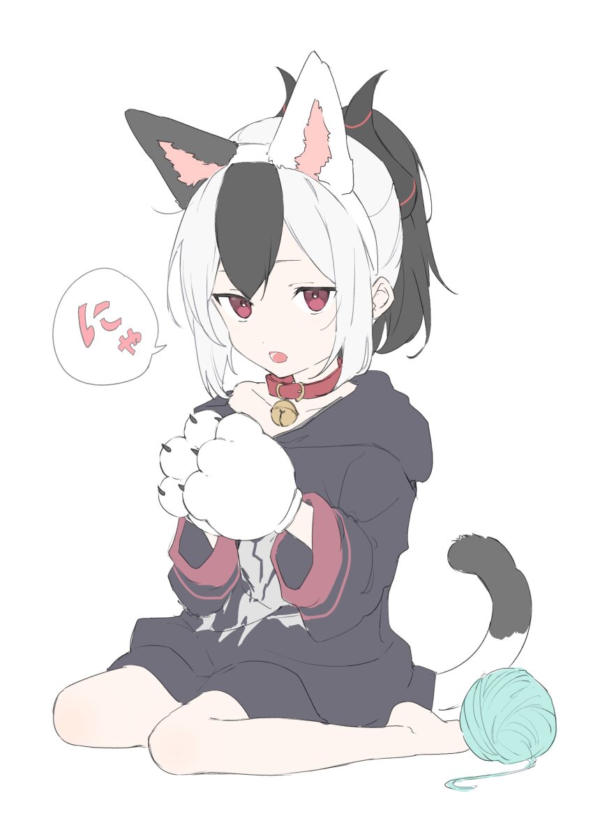 1girl absurdres animal_collar animal_ears animal_hands bell black_hair black_jacket blue_archive cat_ears cat_girl cat_tail collar commentary_request fake_animal_ears gloves haru_15_hiko highres jacket jingle_bell kayoko_(blue_archive) long_sleeves multicolored_hair neck_bell nyan open_mouth oversized_clothes paw_gloves red_eyes short_hair simple_background single_bare_shoulder sitting solo speech_bubble tail two-tone_hair white_background white_hair yarn yarn_ball