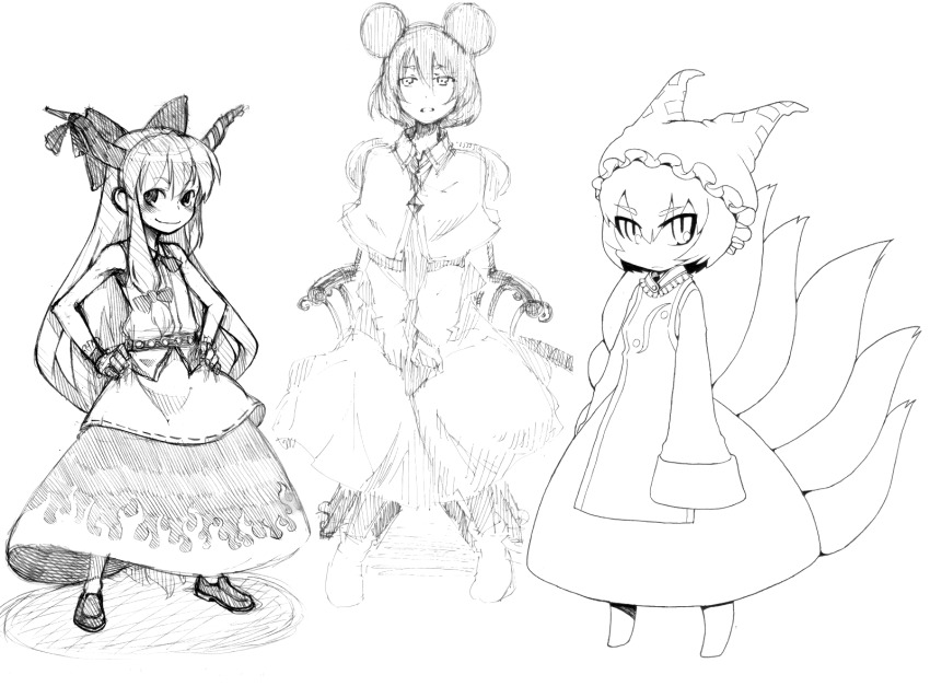 3girls animal_ears animal_hat asakawa_remon between_legs bow bowtie capelet closed_mouth dress expressionless fox_girl fox_tail full_body greyscale hair_bow hand_between_legs hat highres horn_bow horn_ornament horns ibuki_suika lineart long_hair long_sleeves looking_at_viewer monochrome mouse_ears mouse_girl multiple_girls multiple_tails nazrin parted_lips ribbon-trimmed_skirt ribbon_trim shirt shoes short_hair sidelocks simple_background sitting sketch skirt sleeveless sleeveless_shirt smile standing tabard tail touhou very_long_hair yakumo_ran