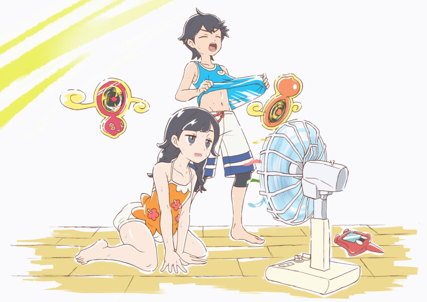 1boy 1girl asatsuki_(fgfff) barefoot black_hair black_leggings braid closed_eyes electric_fan elio_(pokemon) gen_4_pokemon grey_eyes highres kneeling leggings long_hair nintendo open_mouth pokemon pokemon_(creature) pokemon_usum rotom rotom_(fan) rotom_dex selene_(pokemon) shirt shoes short_hair shorts sleeveless sleeveless_shirt sneakers spaghetti_strap standing tank_top twin_braids white_shorts
