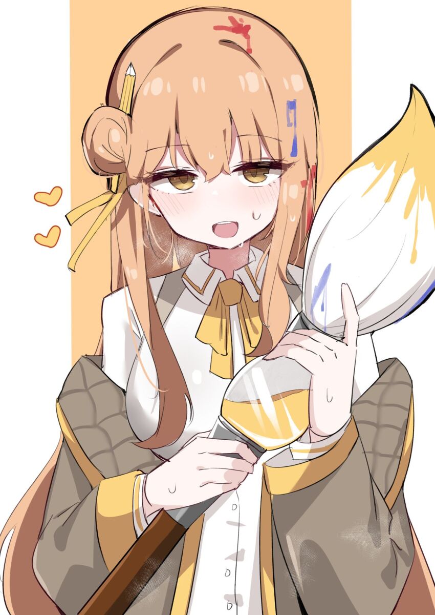 1girl black_survival blonde_hair brown_jacket doldol_(rkwowlqrp) half-closed_eyes heart highres holding holding_brush jacket light_blush looking_at_viewer non-web_source orange_background pencil_in_hair ribbon shirt simple_background tia_(black_survival) upper_body white_background white_shirt yellow_eyes yellow_ribbon