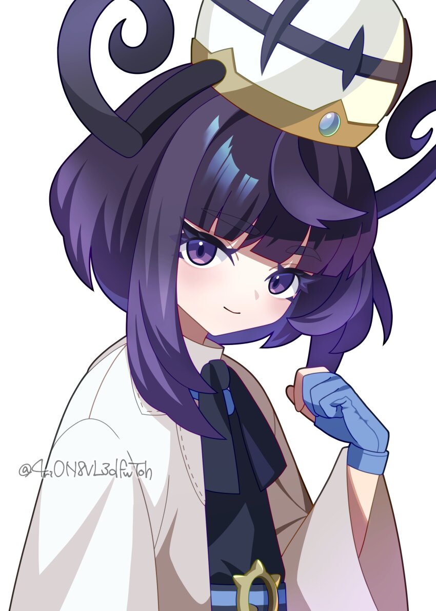 1girl 4rion absurdres belt belt_buckle black_dress blue_gloves blunt_bangs bob_cut buckle closed_eyes coat dress gloves gwynn_(pokemon) hat highres long_sleeves looking_at_viewer nintendo o-ring o-ring_belt open_clothes open_coat partially_fingerless_gloves pokemon pokemon_legends:_z-a purple_eyes purple_hair short_hair smile solo twitter_username upper_body white_background white_coat white_hat wide_sleeves