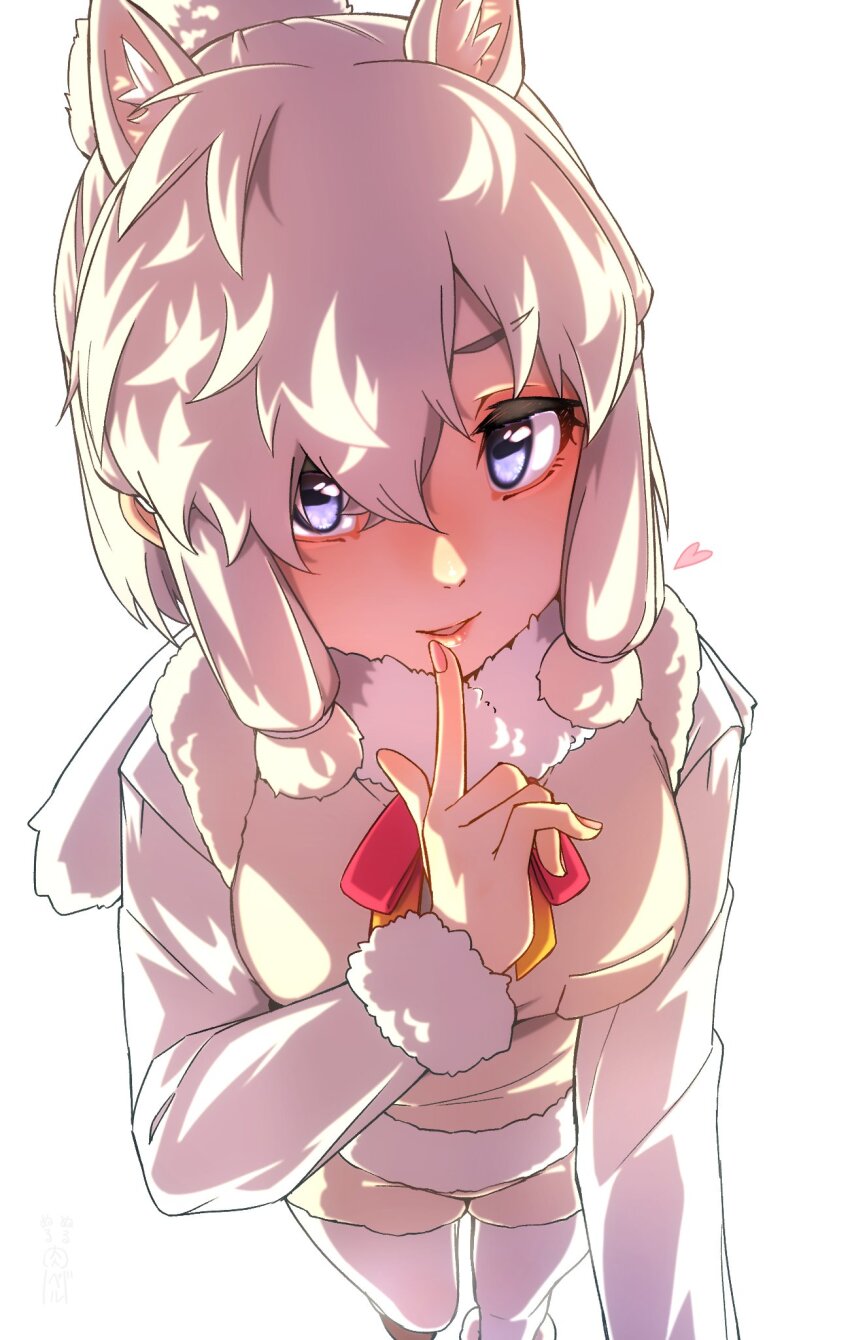 1girl alpaca_ears alpaca_girl alpaca_suri_(kemono_friends) animal_ears blue_eyes blush bow bowtie extra_ears finger_to_mouth from_above fur_collar fur_trim hair_bun hair_over_one_eye hair_tubes highres kemono_friends long_sleeves looking_at_viewer pantyhose red_bow red_bowtie short_hair short_shorts shorts sidelocks solo sweater thin_(suzuneya) vest white_fur white_hair white_pantyhose white_shorts white_sweater white_vest
