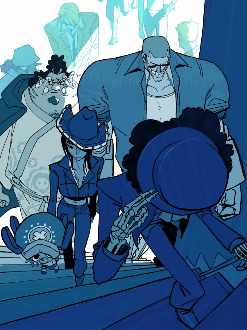 2girls 6+boys absurdres afro antlers bangle blue_theme bracelet brook_(one_piece) buzz_cut cane commentary cowboy_hat cross curly_eyebrows earrings edpan facial_hair formal_clothes franky_(one_piece) full_body goatee hand_on_own_hip hat headphones highres holding holding_cane horns japanese_clothes jewelry jinbe_(one_piece) kimono log_pose long_nose medium_hair monkey_d._luffy monochrome multiple_boys multiple_girls nami_(one_piece) nico_robin nico_robin_(jaya) one_piece reindeer_antlers roronoa_zoro sanji_(one_piece) sash short_hair skeleton stairs straw_hat_pirates suit sunglasses tony_tony_chopper tusks usopp very_short_hair