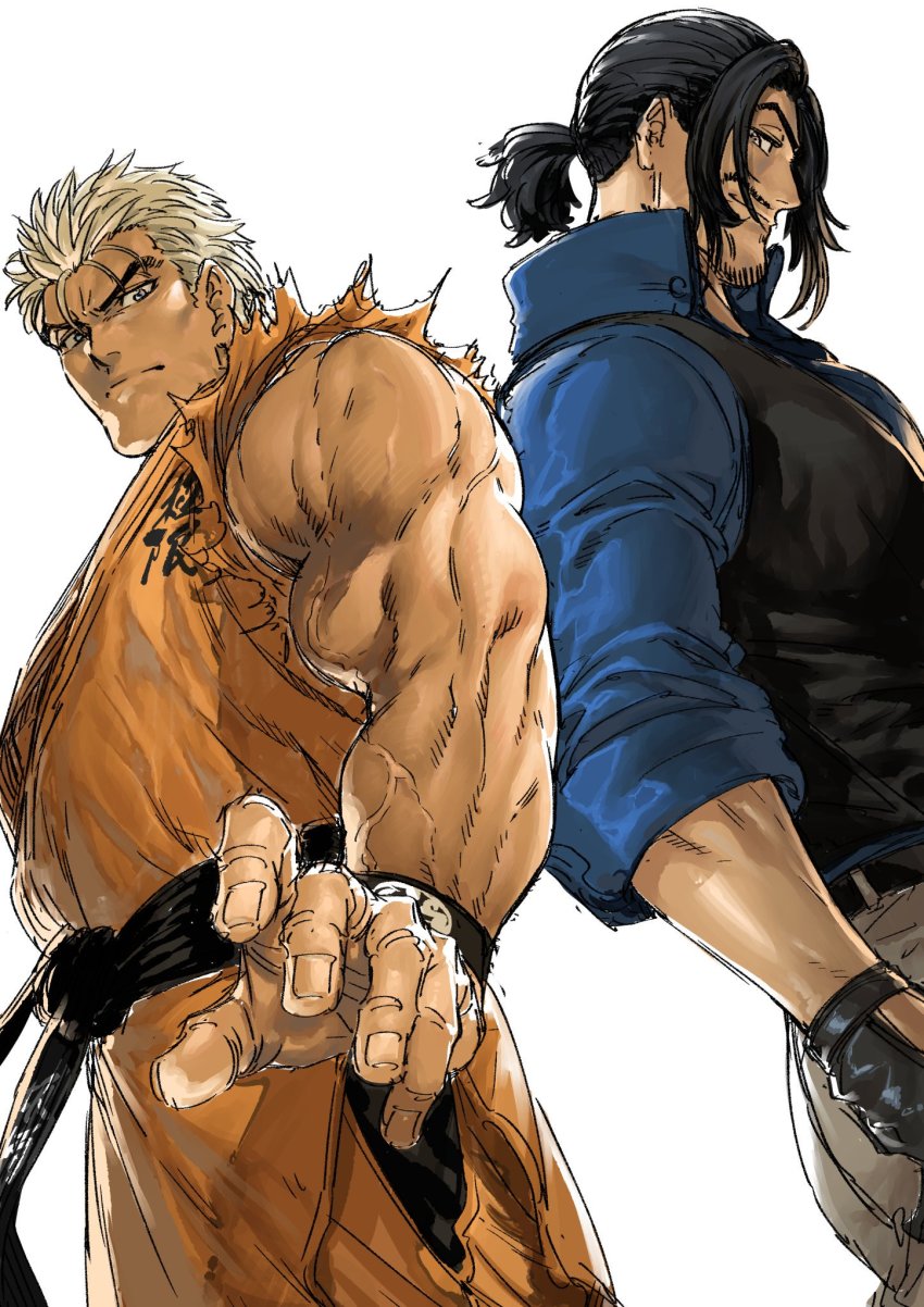 2boys azuma_kyoutarou_(artist) belt biceps black_hair blonde_hair commentary commentary_request dougi facial_hair highres looking_at_viewer male_focus multiple_boys official_art ponytail robert_garcia ryou_sakazaki ryuuko_no_ken shirt short_hair short_ponytail simple_background snk stubble the_king_of_fighters the_king_of_fighters_xiv vest