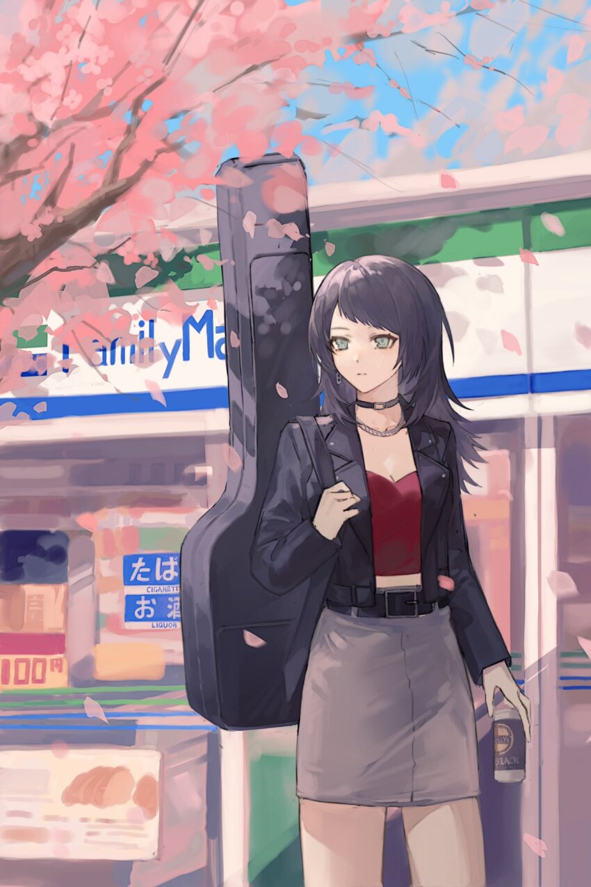 1girl bang_dream! bang_dream!_it&#039;s_mygo!!!!! belt bikini black_belt black_choker black_hair breasts can canned_coffee cherry_blossoms choker cleavage commentary_request day drink_can earrings familymart green_eyes grey_shirt guitar guitar_case hakunaru highres holding holding_can instrument instrument_case instrument_on_back jewelry medium_hair o-ring o-ring_bikini open_mouth outdoors red_shirt shirt solo swimsuit tully&#039;s_coffee yahata_umiri