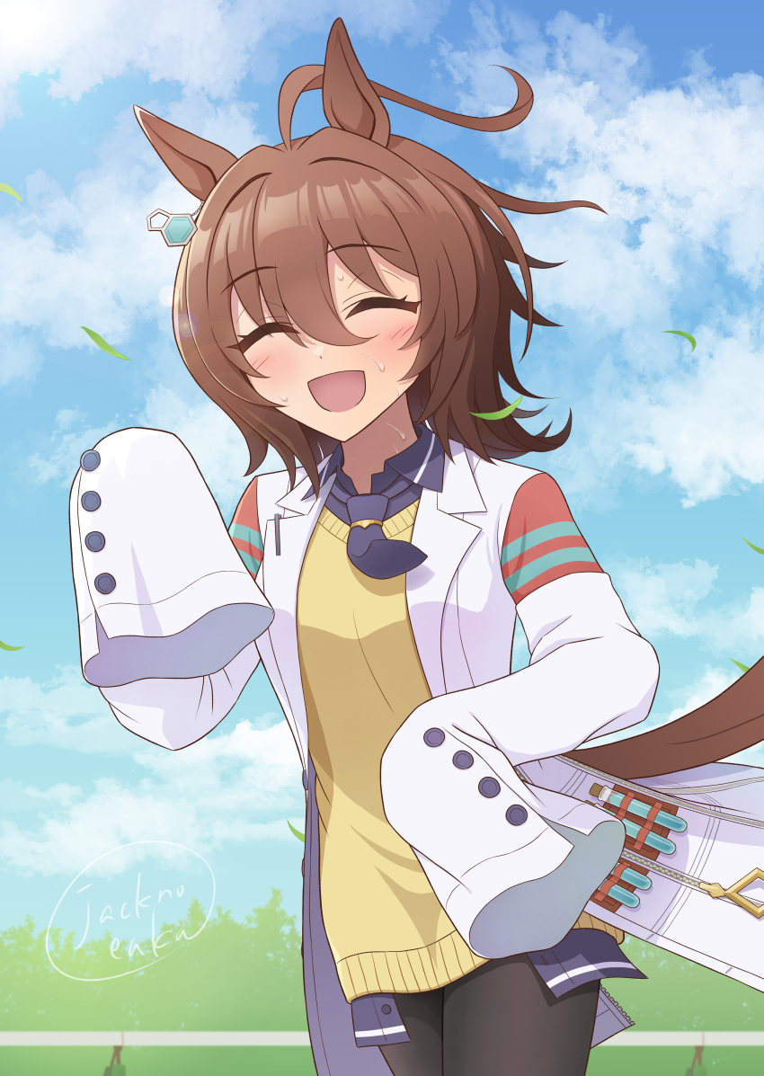 1girl absurdres agnes_tachyon_(umamusume) ahoge animal_ears black_thighhighs blush brown_hair chemical_structure closed_eyes cloud cloudy_sky earrings grass happy highres horse_ears horse_girl horse_tail jack_(jacknoeaka) jewelry lab_coat medium_hair necktie short_necktie single_earring sky sleeves_past_fingers sleeves_past_wrists smile solo sweat sweater sweater_vest tail test_tube thighhighs umamusume waving wolf_cut yellow_sweater yellow_sweater_vest