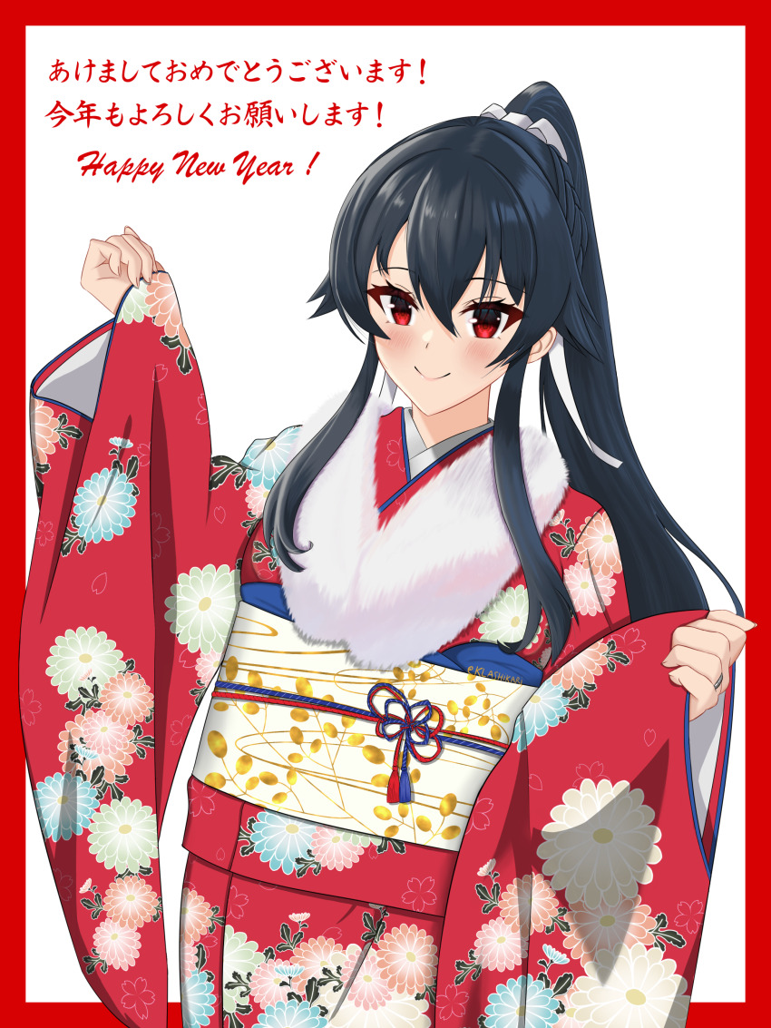 1girl absurdres akeome alternate_costume black_hair border commentary_request cowboy_shot fur-trimmed_kimono fur_trim furisode hair_ribbon happy_new_year haregi highres japanese_clothes kantai_collection kimono klashikari kotoyoro long_hair new_year obi outside_border red_border red_eyes red_kimono ribbon sash solo white_background wide_sleeves yahagi_(kancolle)