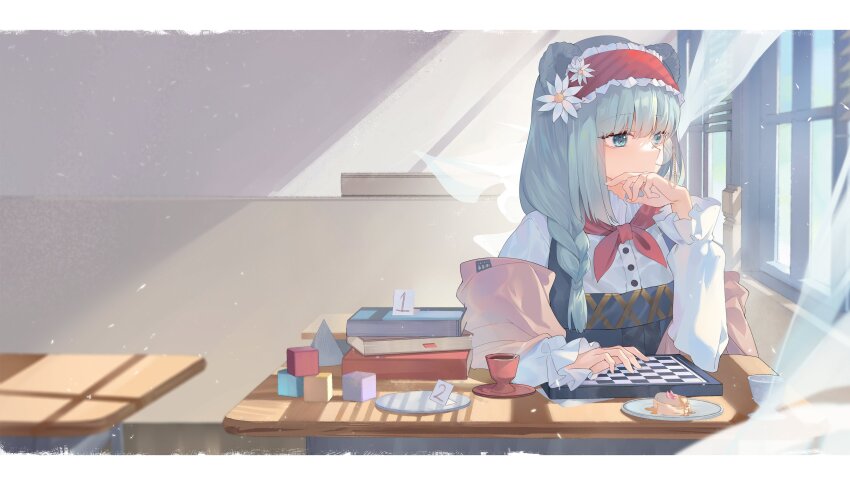 1girl absurdres animal_ears aqua_hair arknights bear_ears bear_girl blue_dress blue_eyes book book_stack chessboard commentary_request covering_own_mouth cup curtains daisy_(flower) desk dress flower food frilled_headwear hair_flower hair_ornament hairband hand_up headband highres hongbaise_raw indoors istina_(arknights) istina_(bibliosmia)_(arknights) letterboxed looking_to_the_side mixed-language_commentary monocle neckerchief official_alternate_costume pancake pancake_stack plate red_hairband red_headband red_neckerchief sarafan saucer school_desk shawl shirt solo syrup teacup toy_block upper_body white_flower white_shirt whiteboard window
