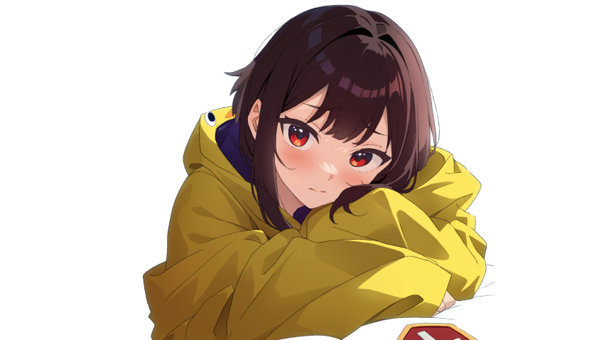 1girl animal_hood bed_sheet bird_hood blush brown_hair close-up closed_mouth commentary crossed_arms eyepatch head_rest head_tilt highres hood hood_down hoodie kono_subarashii_sekai_ni_shukufuku_wo! leaning_forward looking_at_viewer looking_to_the_side loose_hair_strand megumin raised_eyebrows red_eyes short_hair short_hair_with_long_locks sidelocks simple_background solo toraya_(doujintraya) unworn_eyepatch upper_body white_background yellow_hoodie