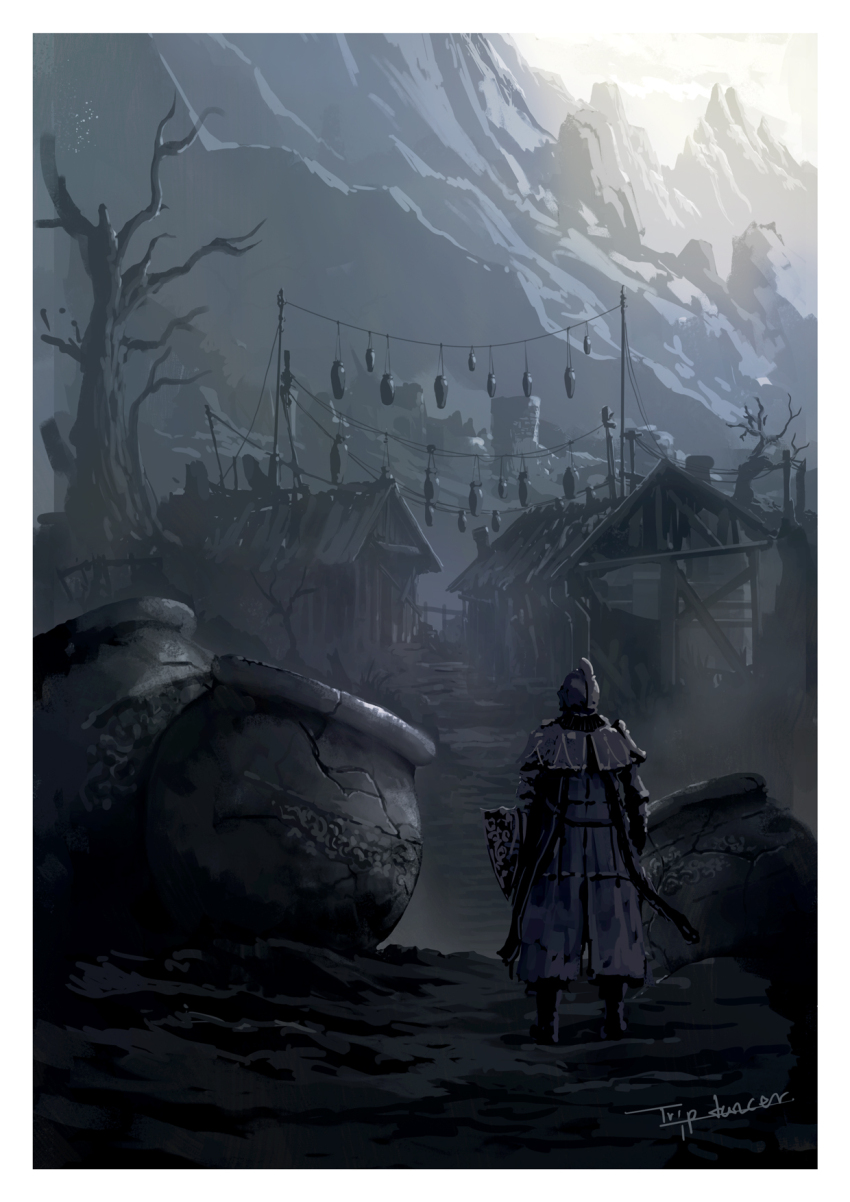 1other ambiguous_gender armor arms_at_sides bare_tree boots border elden_ring from_behind full_armor full_body gauntlets helm helmet highres holding holding_shield house mountain outdoors shield solo standing tarnished_(elden_ring) tree tripdancer white_border