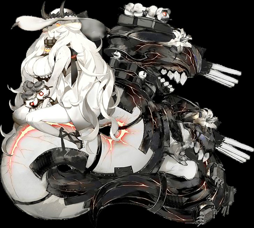 1girl abyssal_ship akira_(kadokawa) alternate_costume armor black_bow black_ribbon bow breasts burnt cleavage clenched_teeth colored_skin crack cracked_skin damaged fake_horns female_focus flower flower_request french_battleship_princess full_body glowing glowing_cracks glowing_eyes hat horned_hat high_heels horned_headwear horns kantai_collection large_breasts large_hat large_tail legs lily_(flower) long_hair mini_hat official_art orange_eyes ribbon ship_turret smudge snake_tail solo sun_hat tail teeth transparent_background v_arms very_long_hair white_hair white_skin