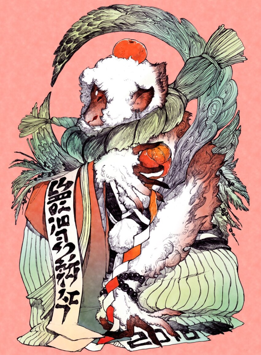 2016 animal chinese_new_year chinese_zodiac clothed_animal commentary_request dated food fruit fuji_166 full_body highres holding holding_food holding_fruit mandarin_orange monkey nengajou new_year no_humans orange_(fruit) orange_peel original red_background rope shide shimenawa simple_background translation_request year_of_the_monkey