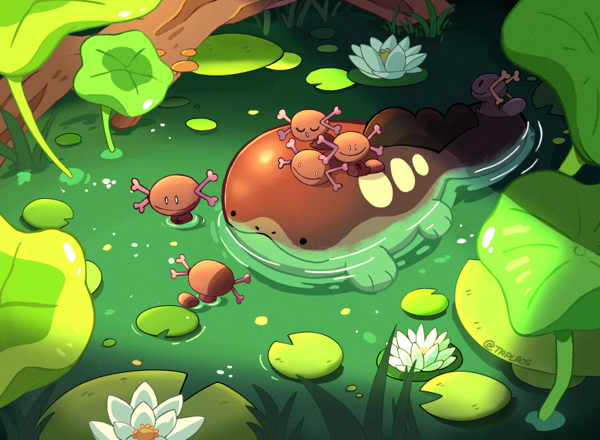 alternate_color animal_focus artist_name clodsire commentary english_commentary flower from_above full_body green_water highres leaf lily_pad lotus lotus_leaf nintendo no_humans outdoors paldean_wooper plant pokemon pokemon_(creature) riding riding_pokemon shiny_pokemon smile taplaos water wetland white_flower white_lotus