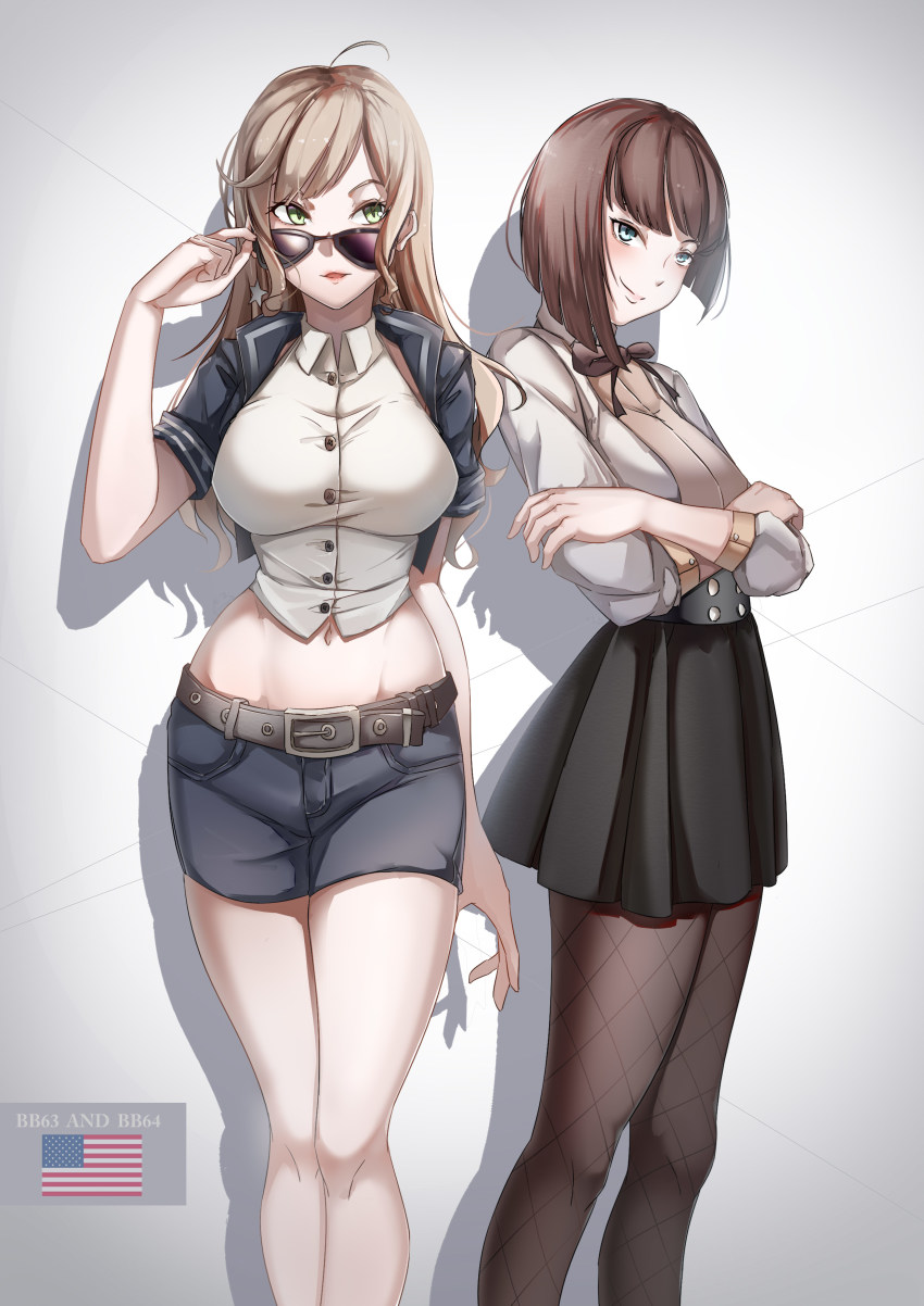 2girls absurdres belt black_skirt blonde_hair blue_eyes blue_shorts breasts brown_hair crossed_arms eyewear_on_head glasses green_eyes highres jacket large_breasts long_hair looking_at_viewer lubikaya medium_breasts medium_hair missouri_(warship_girls_r) multiple_girls navel necktie open_mouth pantyhose shirt shorts skirt smile star_(symbol) warship_girls_r white_background white_shirt wisconsin_(warship_girls_r)