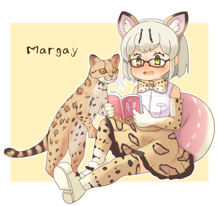 10s 1girl :d animal animal_ears animal_print bad_id bad_pixiv_id cat_ears character_name creature_and_personification female_focus glasses heart high-waist_skirt highres kemono_friends margay margay_(kemono_friends) open_mouth personification pozesuke reading short_hair sitting skirt smile solo tail thighhighs yellow_eyes