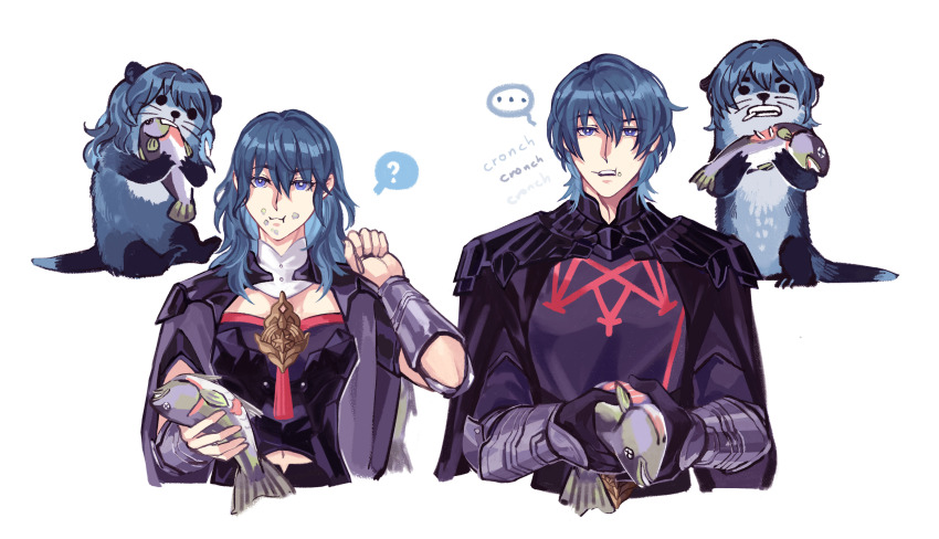 ... 1boy 1girl :t ? absurdres animal animalization armor armored_gloves black_armor black_gloves blue_eyes blue_hair brown_bear female_byleth_(fire_emblem) male_byleth_(fire_emblem) commentary dual_persona eating english_commentary fire_emblem fire_emblem:_three_houses fish gloves hair_between_eyes highres holding holding_animal holding_fish long_sleeves looking_at_viewer medium_hair navel nintendo short_hair simple_background soursoppi spoken_ellipsis spoken_question_mark teeth upper_body upper_teeth_only white_background