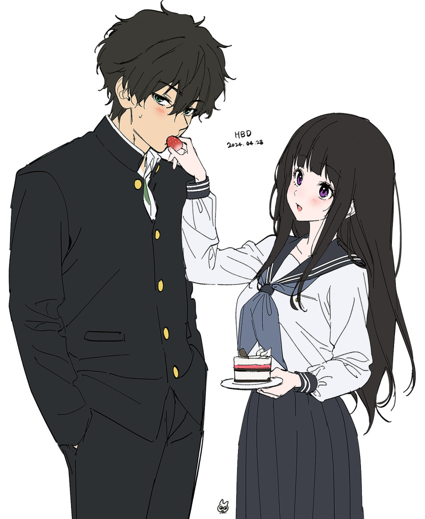 1boy 1girl black_hair cake chitanda_eru feeding food fruit highres hyouka long_hair mery_(yangmalgage) messy_hair oreki_houtarou purple_eyes school_uniform short_hair strawberry