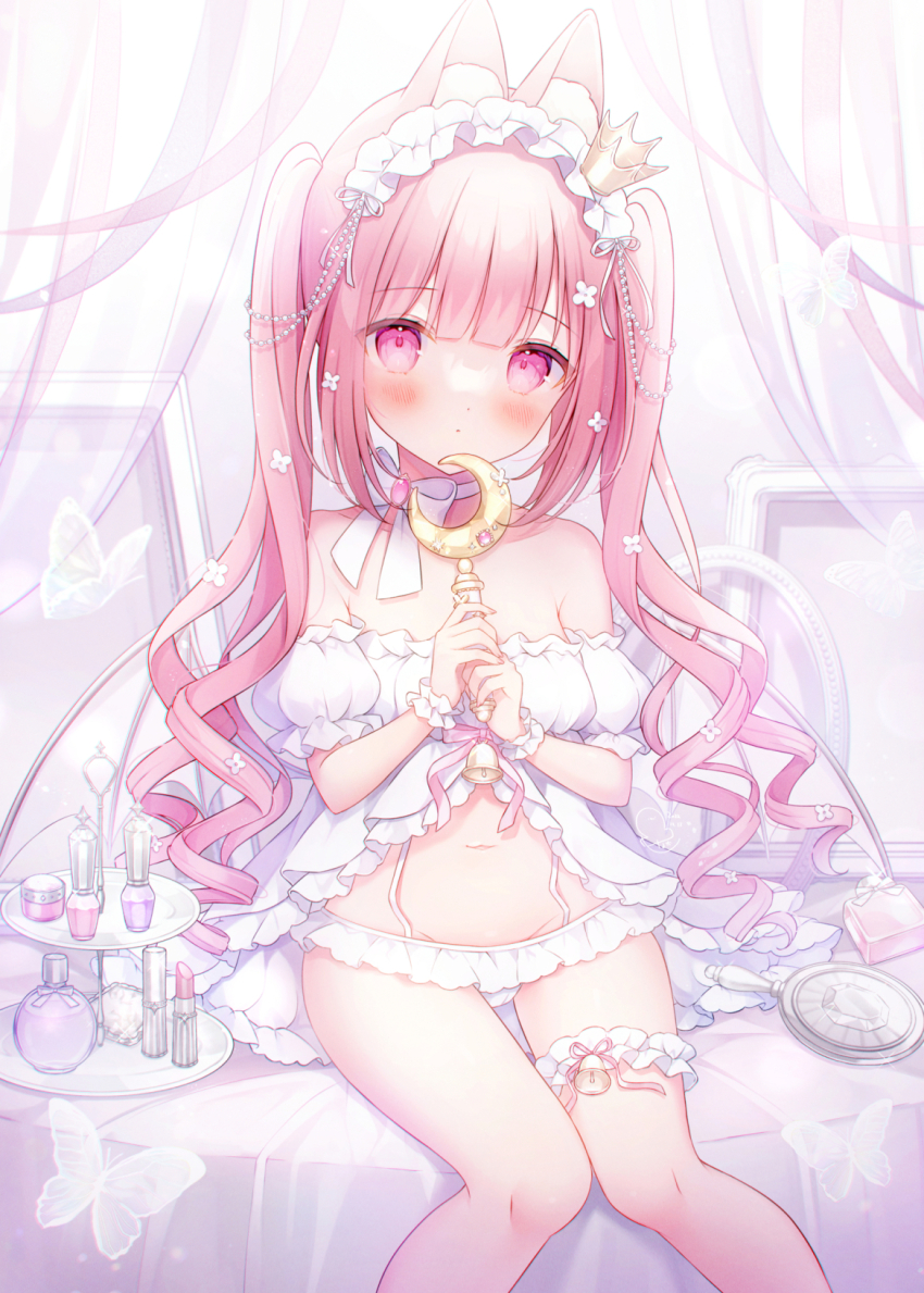 1girl animal_ear_fluff animal_ears babydoll bare_shoulders bell blush bottle bug butterfly choker closed_mouth cosmetics crown curtains drill_hair empty_picture_frame feet_out_of_frame frilled_babydoll frilled_panties frilled_thigh_strap frilled_wrist_cuffs frills gold_crown hand_mirror highres holding holding_wand insect lipstick_tube looking_at_viewer maid_headdress mini_crown mirror nail_polish_bottle navel omochi_monaka original panties perfume_bottle picture_frame pink_eyes pink_hair rabbit_ears rabbit_girl ribbon_choker sitting solo thigh_strap tiered_tray underwear wand white_babydoll white_butterfly white_choker white_panties wrist_cuffs