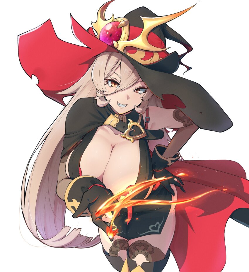 1girl black_gloves blonde_hair bra bra_peek breasts cape gloves grin hand_on_own_hip hat highres huge_breasts long_hair nijisanji nui_sociere nui_sociere_(1st_costume) pororokka_(macareo) simple_background smile solo underwear virtual_youtuber white_background witch_hat yellow_eyes