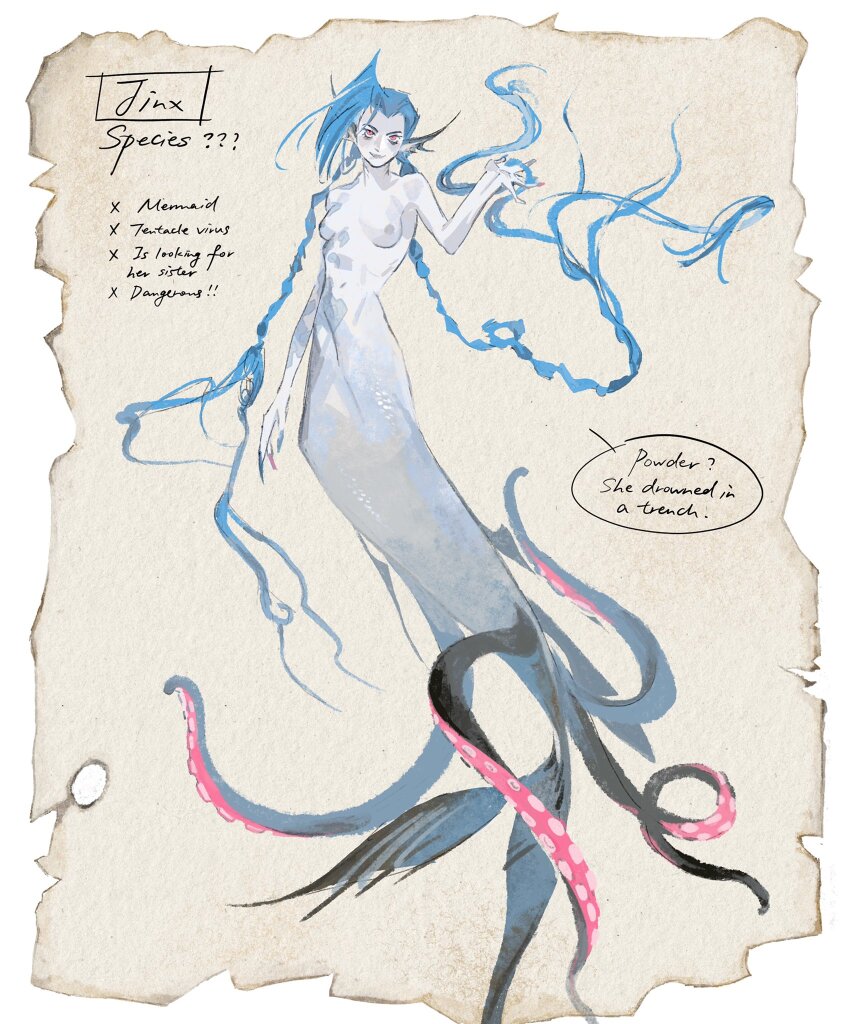 alternate_form alternate_universe arcane:_league_of_legends arcane_jinx blue_hair braid breasts closed_mouth english_text full_body highres jinx_(league_of_legends) league_of_legends long_hair mermaid monster_girl nipples nude pink_eyes runhorserun small_breasts smile speech_bubble twin_braids very_long_hair