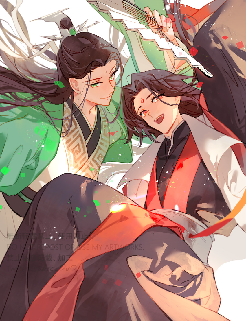 2boys :d bindi black_hair black_hanfu chinese_clothes closed_mouth commentary_request curtained_hair facial_mark feet_out_of_frame floating green_eyes green_robe half_updo hand_fan hanfu high_collar highres holding holding_fan knees_up light_particles long_hair long_sleeves looking_at_viewer luo_binghe male_focus multiple_boys open_mouth paper_fan parted_bangs red_eyes red_hanfu renzha_fanpai_zijiu_xitong robe sakuramochi1003 shen_qingqiu simple_background smile straight_hair two-tone_hanfu watermark white_background white_hanfu wide_sleeves zuiyin