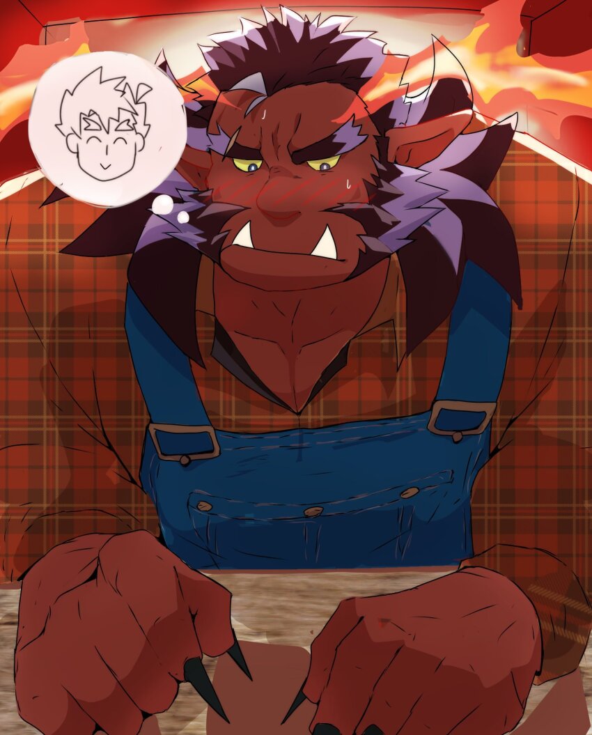 1boy astar_(live_a_hero) bara blush colored_skin demon_boy facial_hair fiery_horns forked_eyebrows frown highres horns huge_eyebrows implied_yaoi kaeru333938123 large_hands live_a_hero male_focus male_protagonist_(live_a_hero) mature_male monster_boy muscular muscular_male mutton_chops ogre overalls pectoral_cleavage pectorals pointy_ears red_skin solo speech_bubble spoken_character square_head streaked_beard thought_bubble tusks