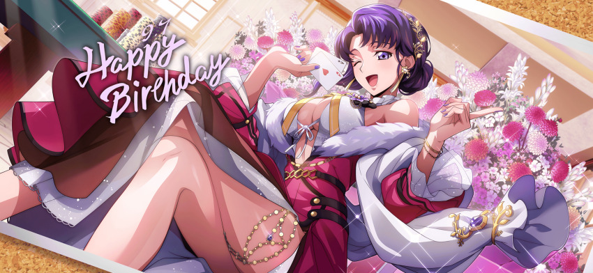 1girl bare_shoulders birthday blue_eyes bracelet breasts card cecile_croomy code_geass code_geass:_lost_stories dress f4samurai happy_birthday highres holding holding_card jewelry large_breasts multicolored_dress official_art one_eye_closed open_mouth photo_(object) purple_hair smile solo