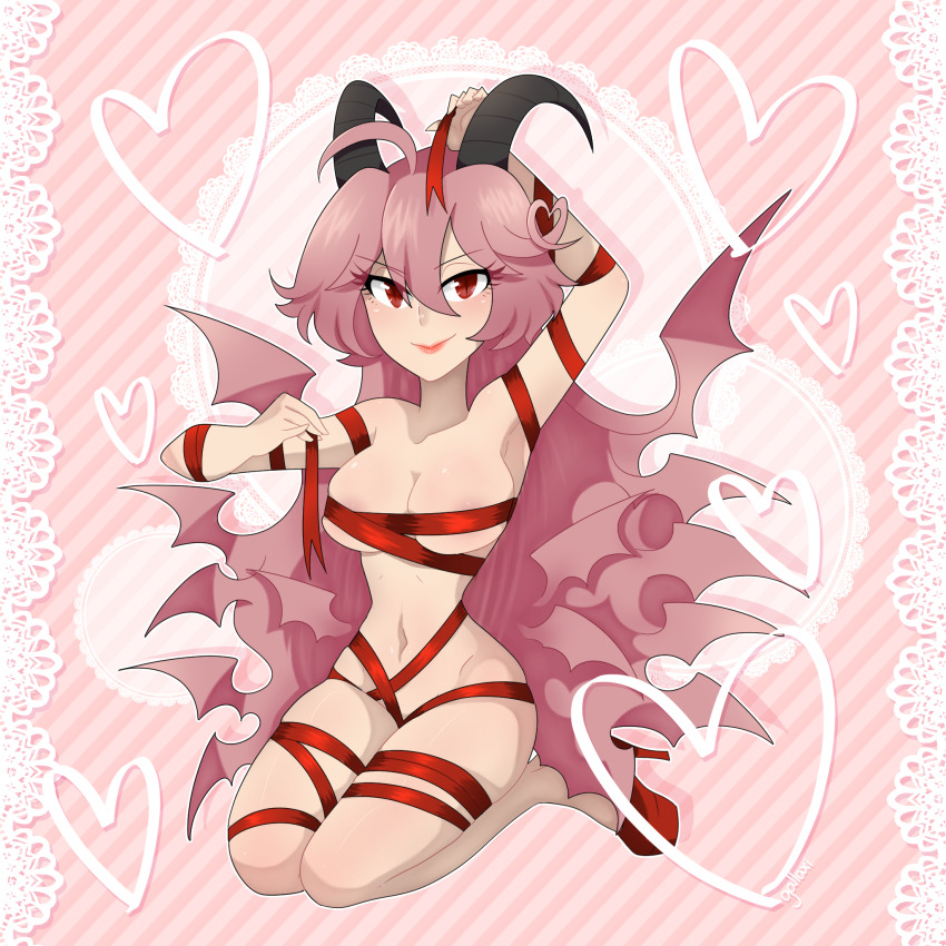1girl absurdly_long_hair ahoge areola_slip breasts cleavage closed_mouth collarbone demon demon_girl demon_horns demon_wings funamusea gallaxi hair_wings heart high_heels highres horns large_breasts lil_(funamusea) long_hair navel outline pink_hair red_eyes red_heels red_ribbon ribbon signature sitting smile solo striped_background underboob very_long_hair wariza white_outline wings wrapped_up