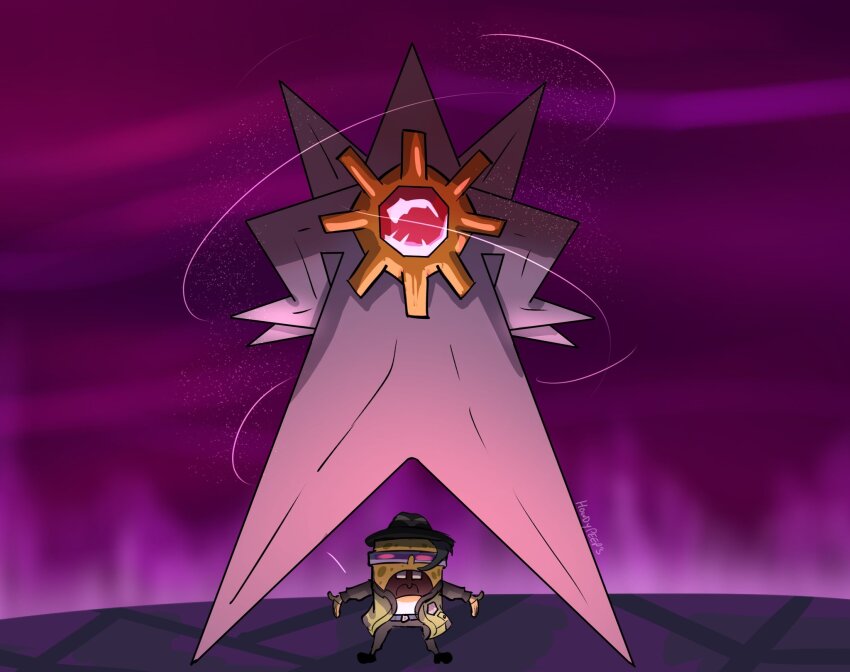 1boy alien artist_name black_hat black_pants buck_teeth colored_skin commentary cosplay crossover english_commentary gem gen_1_pokemon green_jacket hands_on_own_hips hat highres jacket long_legs mega_pokemon mega_starmie meme movie_reference nintendo no_eyes no_humans o&#039;donnis pants paxton_(pokemon) paxton_(pokemon)_(cosplay) pokemon pokemon_(creature) pokemon_focus pokemon_legends:_z-a purple_skin red_gemstone sponge spongebob_squarepants spongebob_squarepants_(series) starfish starmie teeth the_spongebob_squarepants_movie yellow_skin