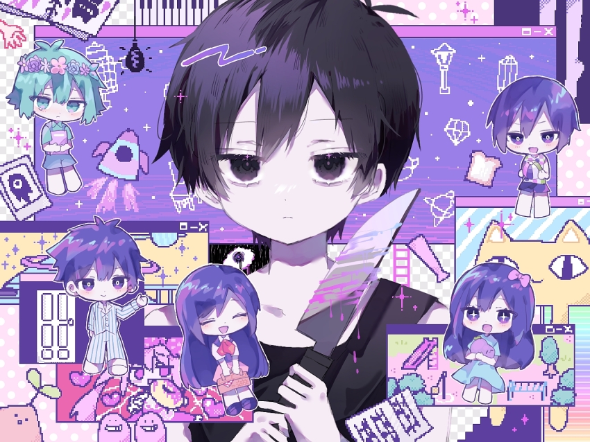 +_+ 2girls 4boys aegyo_sal antenna_hair aqua_dress aqua_eyes aqua_hair aqua_shirt arm_at_side aubrey_(headspace)_(omori) aubrey_(omori) ball bare_arms barefoot basil_(headspace)_(omori) basil_(omori) beachball big_yellow_cat_(omori) black_eyes black_hair black_tank_top blood bloody_knife blue_blood blue_overalls blush book bow bright_pupils buttons checkered_clothes checkered_shirt chibi child closed_eyes closed_mouth collarbone collared_shirt colored_skin dress expressionless fake_transparency flower frown hair_behind_ear hair_between_eyes hair_bow head_wreath hero_(headspace)_(omori) hero_(omori) hiro_0607 holding holding_ball holding_beachball holding_book holding_knife holding_stuffed_toy humphrey_(omori) kel_(headspace)_(omori) kel_(omori) kitchen_knife knife light_bulb long_hair looking_at_viewer mari_(headspace)_(omori) mari_(omori) mr._plantegg_(omori) multiple_boys multiple_girls omori omori_(omori) open_mouth overall_shorts overalls pajamas pants piano_keys picnic_basket pink_blood pink_bow pink_flower pink_skirt purple_eyes purple_flower purple_footwear purple_hair purple_shorts purple_sweater_vest shirt short_hair short_sleeves shorts skirt smile solo_focus something_(omori) sparkle sprout_mole straight-on striped_clothes striped_pajamas striped_pants striped_shirt stuffed_eggplant stuffed_toy sweater_vest sweetheart_(omori) tank_top tearing_up upper_body vertical-striped_clothes vertical-striped_pajamas vertical-striped_pants vertical-striped_shirt white_pupils white_shirt white_skin window_(computing)