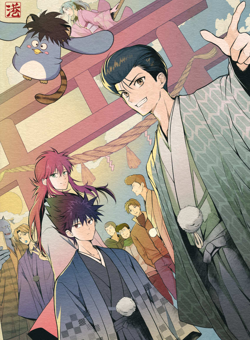1girl 6+boys absurdres black_hair botan_(yu_yu_hakusho) brown_eyes brown_hair green_hair headband hiei highres japanese_clothes kurama_(yu_yu_hakusho) kuwabara_kazuma minato_x3710 multiple_boys urameshi_yusuke yuu_yuu_hakusho