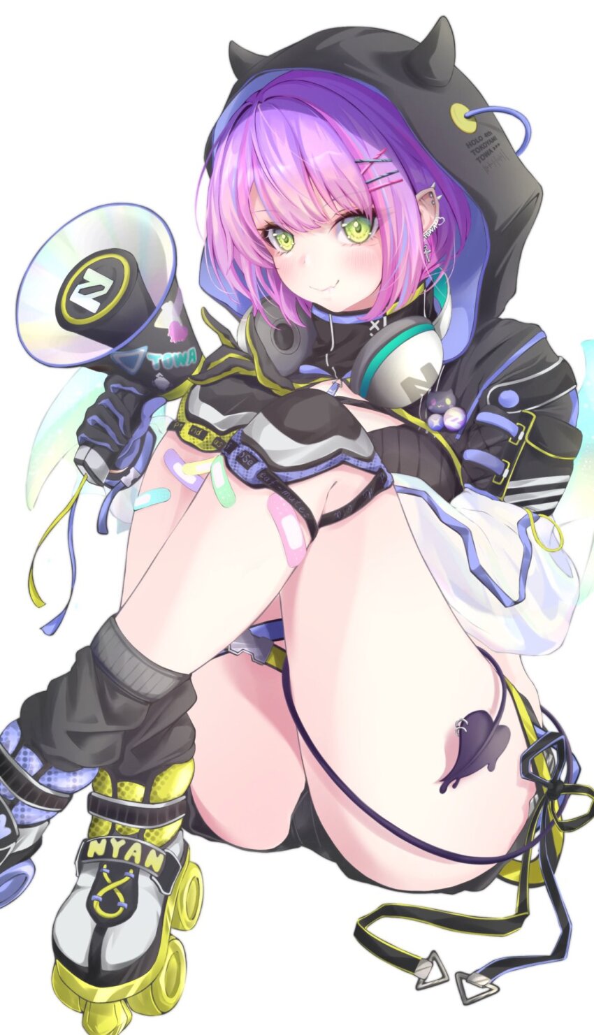 1girl ass black_shorts demon_girl demon_tail green_eyes headphones headphones_around_neck highres holding holding_megaphone hololive knr_rer megaphone purple_hair roller_skates shorts sitting skates solo tail tokoyami_towa tokoyami_towa_(cyberpunk) virtual_youtuber