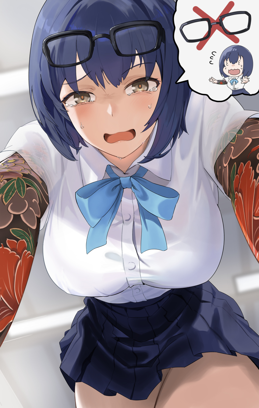 1girl 3_3 absurdres blue_hair breasts brown_eyes commentary_request eyelashes glasses highres large_breasts looking_at_viewer looking_for_glasses omeletricetaro3 original ribbon school_uniform shirt short_hair skirt speech_bubble tattoo tattoo_sleeve white_shirt