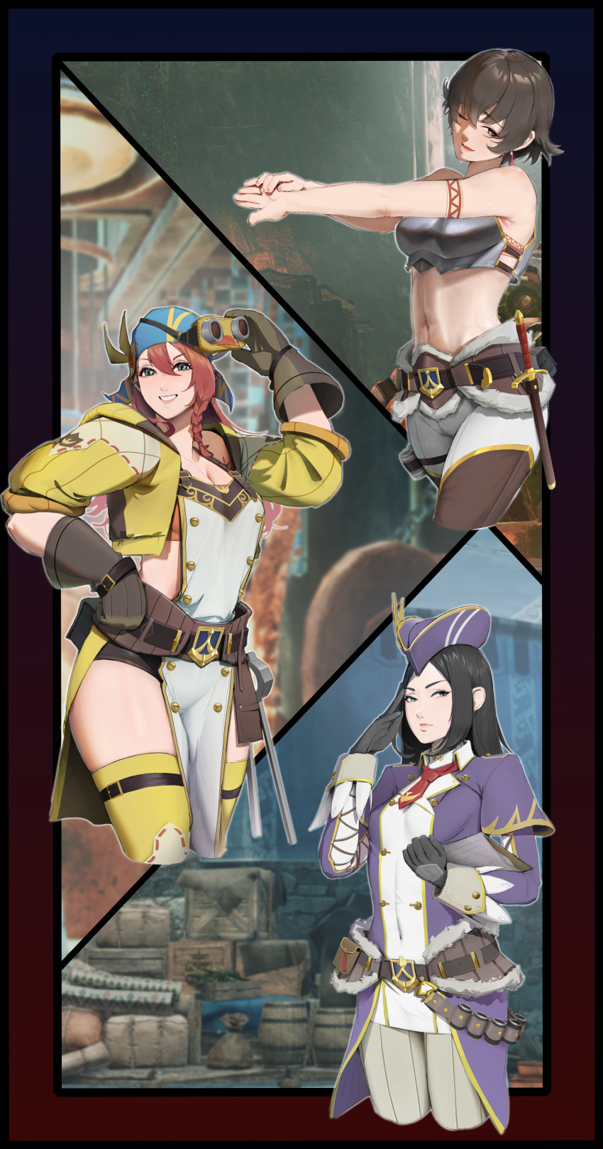 1604550786 3girls absurdres alternate_costume armor bare_shoulders belt black_belt black_hair black_shorts blue_eyes blue_hat braid breastplate brown_gloves buttons closed_mouth commentary_request cropped_jacket dame_luchika earrings fiorayne_(monster_hunter) fur_trim gloves goggles goggles_on_head green_eyes grey_pants grin hand_on_own_hip hat highres jacket jewelry lips long_hair long_sleeves looking_at_viewer micro_shorts midriff military_hat military_uniform minayle_(monster_hunter) monster_hunter_(series) monster_hunter_rise multiple_girls navel necktie one_eye_closed open_mouth orange_hair pants pelvic_curtain pink_lips purple_eyes red_necktie short_hair shorts smile stomach sweat teeth thighs yellow_jacket