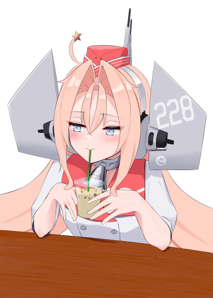 1girl absurdres bell blush coat collar commentary drink drinking_straw drum_(kancolle) forehead garrison_cap grey_eyes hair_intakes hair_ornament hat highres kantai_collection l_meet long_hair metal_collar neck_bell pink_hair red_hat sideways_glance simple_background skull_print solo star_(symbol) star_hair_ornament star_ornament table upper_body white_background white_coat