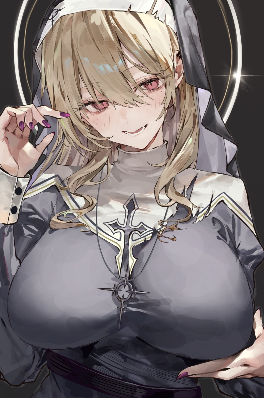 1girl absurdres black_background blonde_hair blush breasts commentary_request hair_between_eyes halo highres jewelry kabi_(zcwd8845) large_breasts looking_at_viewer medium_hair nail_polish nun original pendant purple_nails red_eyes simple_background solo upper_body