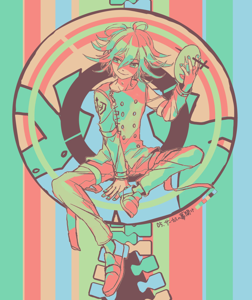 1boy arm_belt arm_between_legs buttons clown_mask commentary_request danganronpa_(series) danganronpa_v3:_killing_harmony flipped_hair full_body hair_between_eyes highres holding holding_mask legs_apart limited_palette long_sleeves looking_to_the_side male_focus mask medium_hair no_scarf oma_kokichi pants sitting smile solo thigh_strap yako_(ycaisola)
