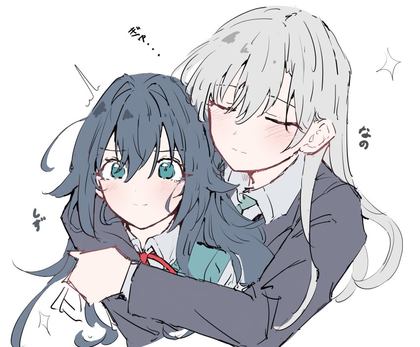 2girls absurdres ahoge black_hair black_jacket blazer blush bow bowtie character_name closed_eyes closed_mouth collared_shirt cropped_shoulders curtained_hair double-parted_bangs eiai_nano furrowed_brow green_eyes green_necktie green_sweater_vest grey_hair hair_between_eyes hair_intakes highres hug hug_from_behind jacket kimi_no_koto_ga_dai_dai_dai_dai_daisuki_na_100-nin_no_kanojo long_hair long_sleeves looking_at_viewer multiple_girls necktie ohananomitsu_high_school_uniform parted_bangs red_bow red_bowtie school_uniform shirt sidelocks simple_background sparkle split_mouth surprised sweater_vest ume_ao wavy_hair white_background white_shirt yoshimoto_shizuka
