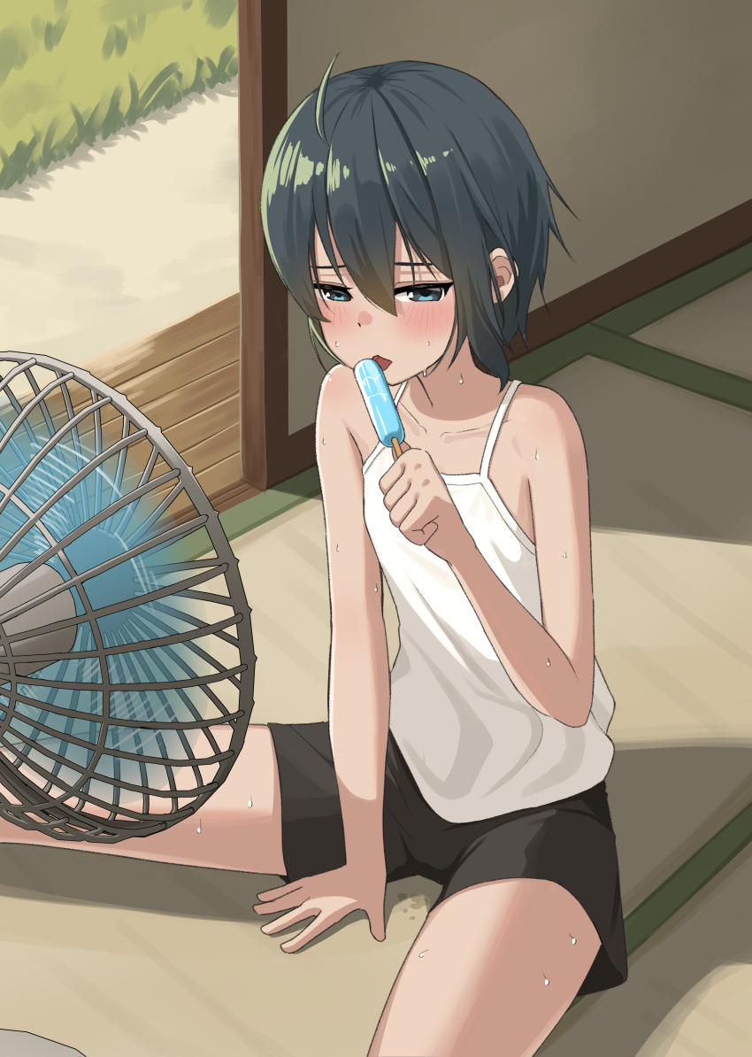 1girl :&lt; absurdres ahoge akts625 androgynous bare_shoulders black_hair black_shorts blush camisole collarbone commentary day dripping eating electric_fan embarrassed fanning_self flat_chest food from_above from_side grass hair_between_eyes half-closed_eyes highres holding holding_food holding_popsicle hot indoors kino_(kino_no_tabi) kino_no_tabi licking_food looking_at_viewer looking_to_the_side on_floor open_door popsicle romaji_commentary shadow short_hair short_shorts shorts shouji sitting sliding_doors solo sweat tatami tomboy tongue tongue_out veranda very_short_hair very_sweaty white_camisole