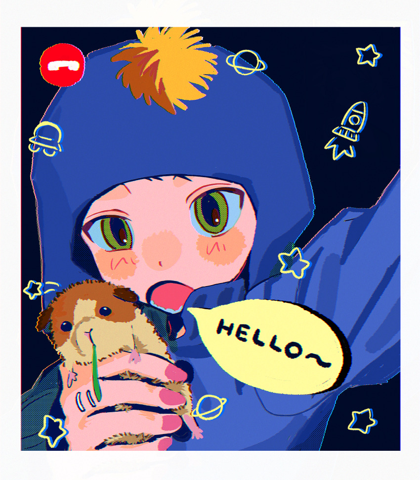 1boy absurdres animal beanie black_background blue_shirt border craig_tucker english_text gerbil green_eyes hat highres holding holding_animal looking_at_viewer male_focus neko_manma pom_pom_(clothes) pom_pom_beanie shirt south_park speech_bubble star_(symbol) stripe_(south_park) white_border