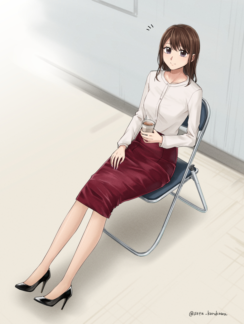 1girl absurdres artist_name black_shoes brown_hair chair closed_mouth coffee collarbone commentary_request commission cup disposable_cup drink folded_chair from_above high_heels highres holding holding_cup holding_drink indoors long_hair long_sleeves notice_lines office_lady on_chair original pencil_skirt pixiv_commission purple_eyes red_skirt setu_kurokawa shirt shoes sitting skirt smile solo steam twitter_username watermark white_shirt