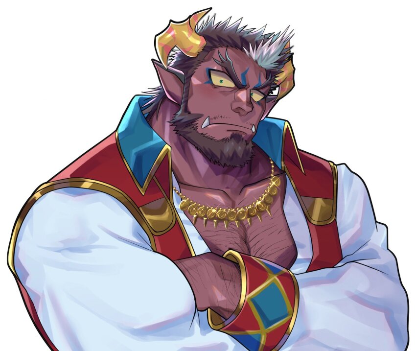 1boy animal_ears another_eidos-r arm_hair bara beard biceps blue_eyeshadow blush brown_hair chest_hair collared_vest colored_sclera colored_skin crossed_arms demon_boy demon_horns eyeshadow facial_hair forked_eyebrows from_above gold_necklace green_eyes hairy head_tilt horns horse_boy horse_ears jewelry large_pectorals makeup male_focus mature_male medium_hair muscular muscular_male mustache_stubble necklace partially_unbuttoned pectoral_cleavage pectorals pointy_ears purple_skin red_vest revision solo stalon_(another_eidos) stubble thick_eyebrows tusks upper_body vest white_background white_hair yakisoba_ohmori yellow_sclera