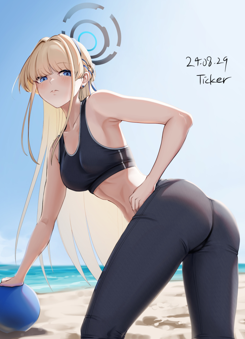 1girl alternate_costume ass beach blonde_hair blue_archive blue_eyes breasts earrings halo highres jewelry long_hair looking_at_viewer medium_breasts ocean pants sand solo ticker_(kks2ksy) toki_(blue_archive)