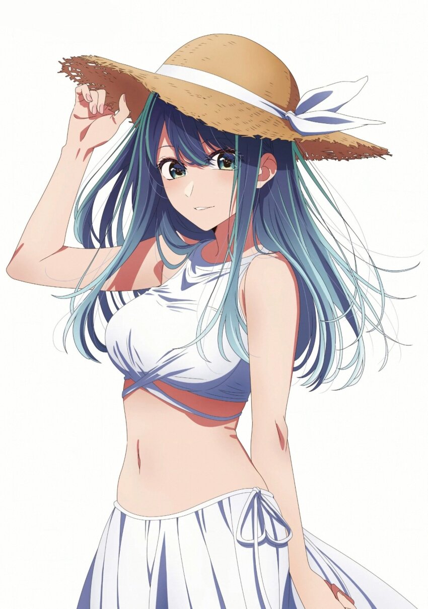 1girl aquastar_inc. arm_up bare_shoulders bikini bikini_skirt bikini_top_only blue_eyes blush female_focus hat hat_ribbon hat_tug highres kurokawa_akane long_hair looking_at_viewer megami_magazine midriff nail_polish navel official_art oshi_no_ko pink_nails ribbon scan simple_background skirt sleeveless smile solo solo_focus stomach straw_hat swimsuit swimsuit_skirt teeth white_background white_bikini white_ribbon white_skirt